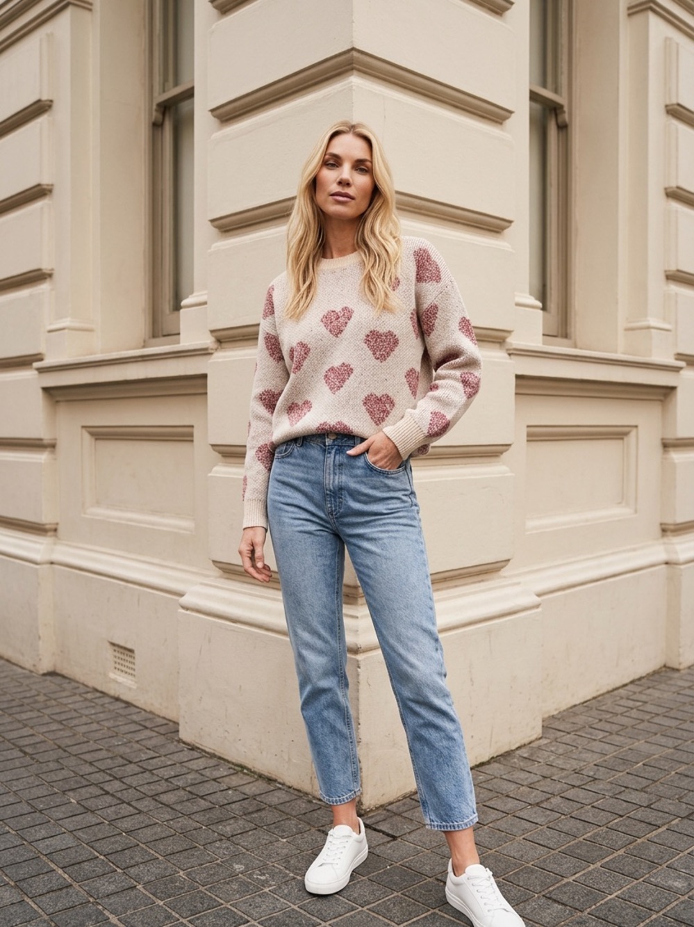 Maurices Heart Pattern Crewneck Sweater Cream Pink Medium